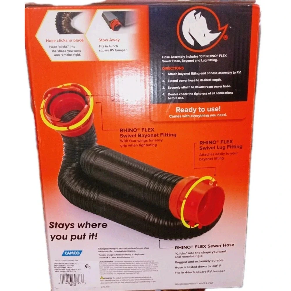 Rhino Flex RV Sewer Hose 10 Foot Extension With Hookups NIB